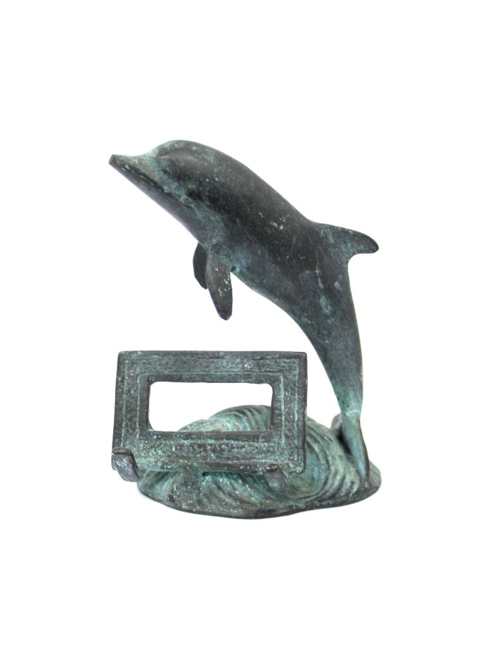 San Pacific Int'l Bronze Dolphin Sculpture Patina Metal Finish Biz Card Holder